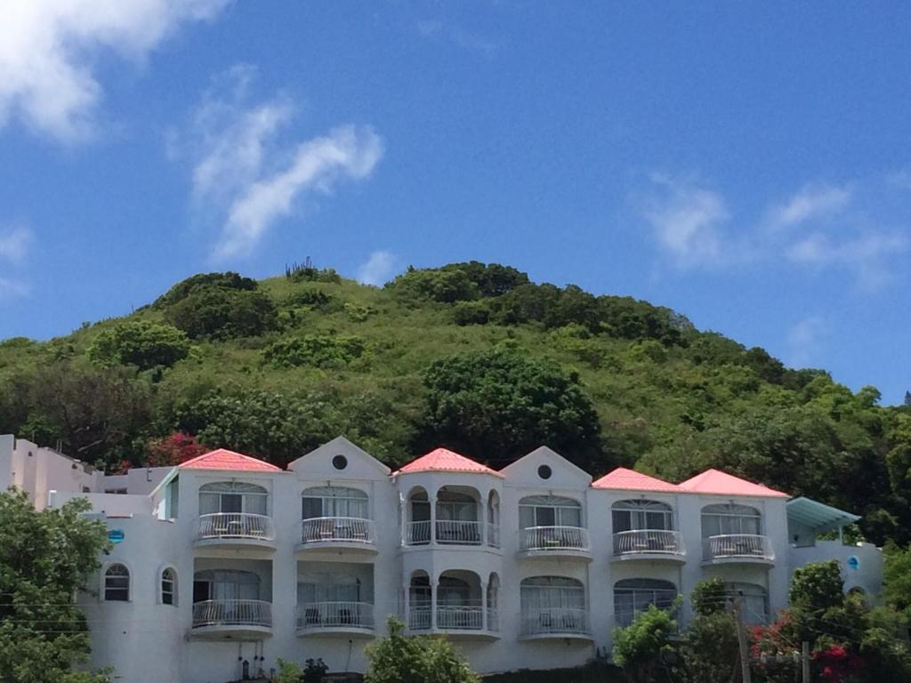 a large building with a hill in the background at Fort Burt Hotel in Road Town