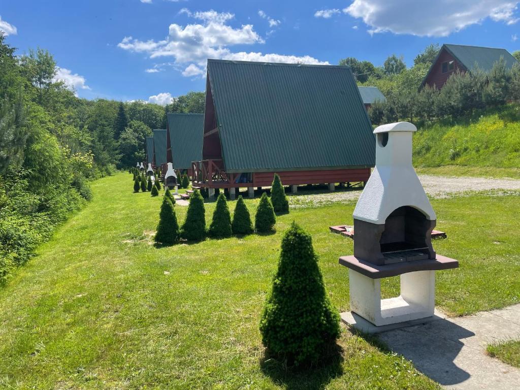 a garden with a pizza oven in the grass at Uweronci in Ustrzyki Dolne