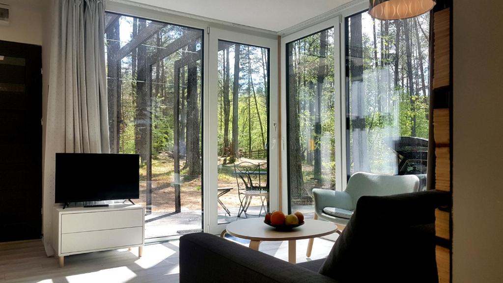 a living room with a tv and a large window at Leśny Kont Mazury in Nowy Zyzdrój