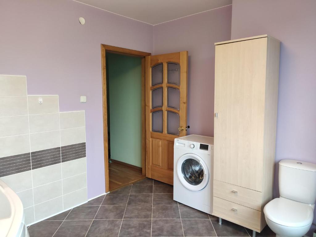 a bathroom with a washing machine and a toilet at Spacious & Cozy Apartment with Forest View in Zapyškis
