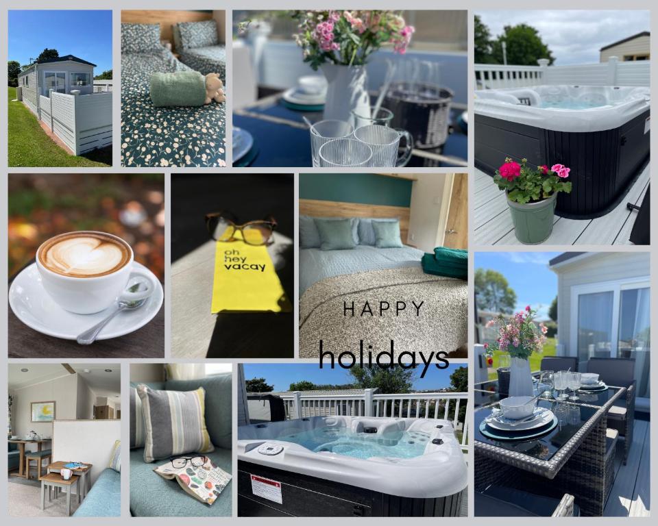 un collage di immagini con le parole "Buone vacanze" di Hoburne Devon Bay - Hot Tub 2 Bed Paignton a Paignton