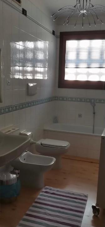 łazienka z toaletą, umywalką i oknem w obiekcie Charlotte room w mieście Bassano del Grappa