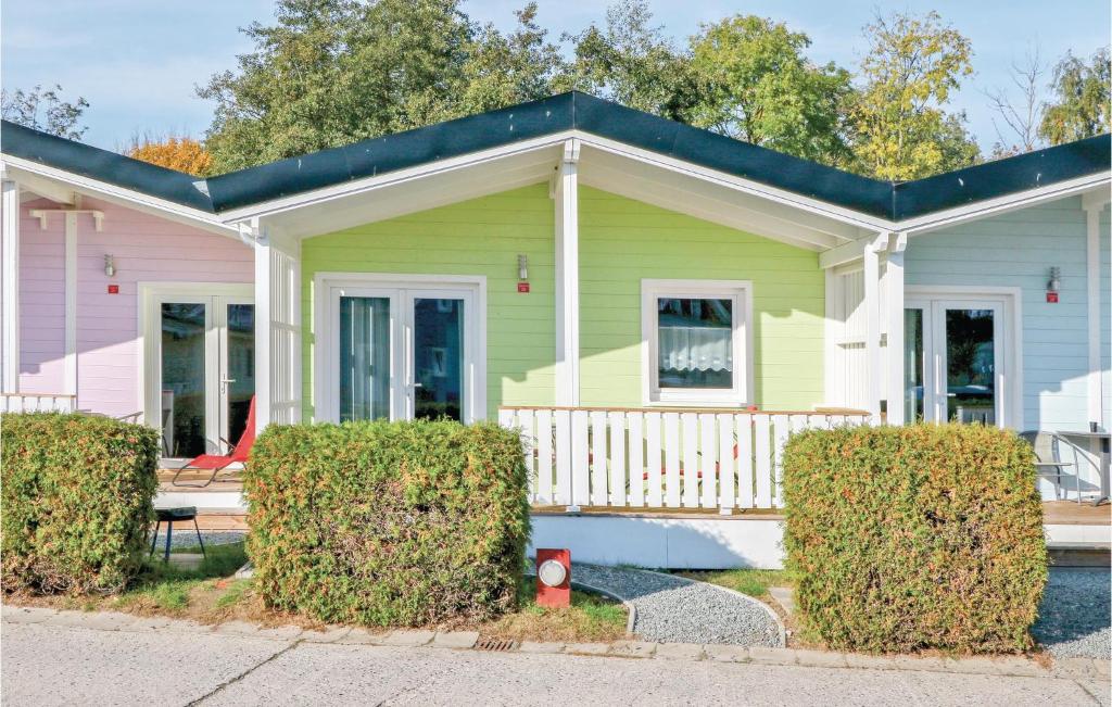 ein grünes und weißes Haus mit Büschen davor in der Unterkunft Ferienhaus Haustyp V in Süssau