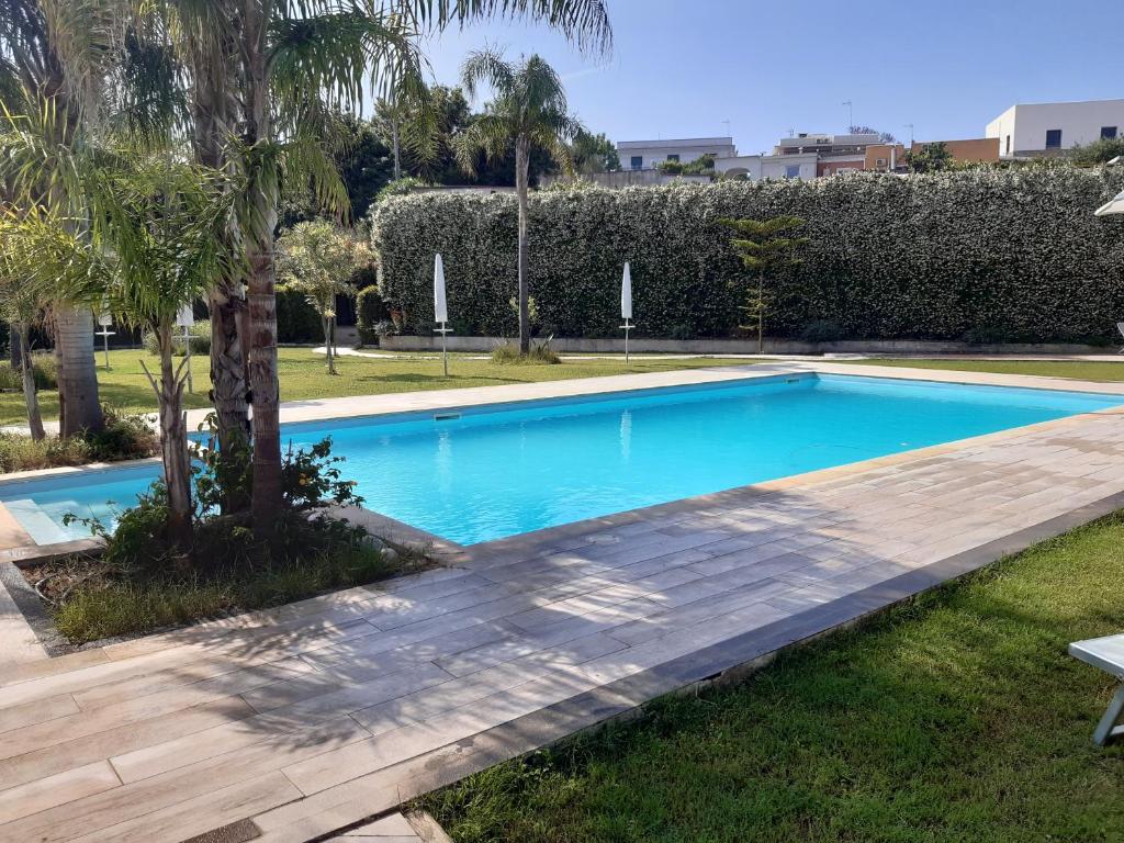 a swimming pool in a yard with a palm tree at Chiara's apartment Procida in Procida