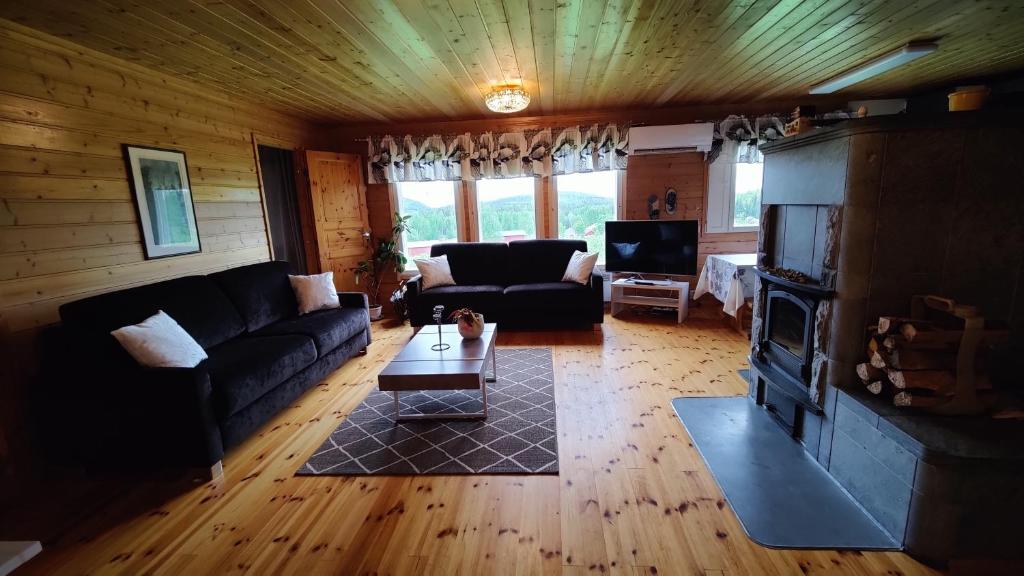 a living room with a couch and a fireplace at Maatilamatkailu Jänisvaara in Kolinkylä