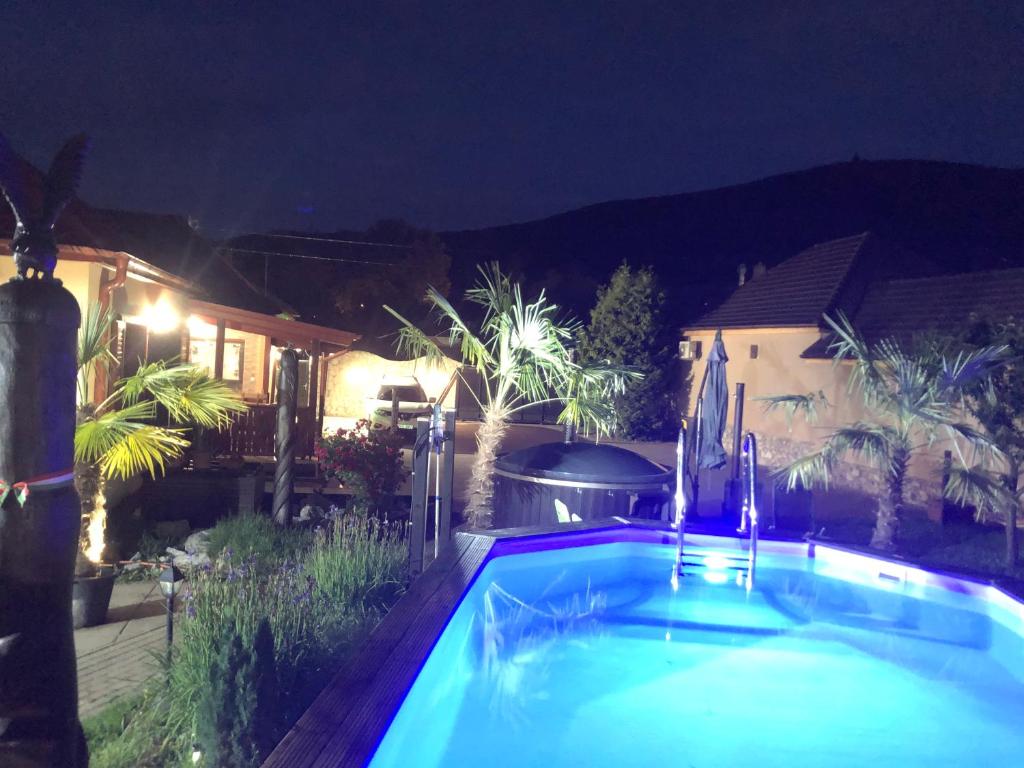 a swimming pool in front of a house at night at Viki Vendégház in Szilvásvárad