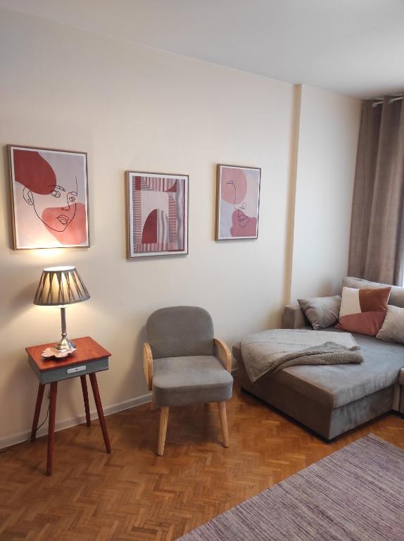 een woonkamer met een bank en een stoel bij Appartements F3 Design Colmar+parking free in Colmar