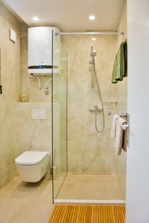a bathroom with a toilet and a glass shower at Apartments Miki in Donja Klada