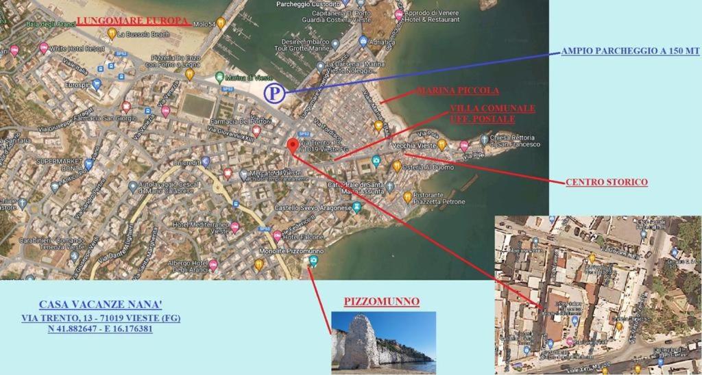 a map of the city of montenegro with a red line at CASA VACANZE NANA' VIESTE in Vieste