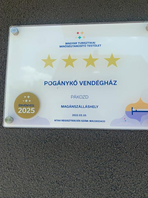 Certifikát, hodnocení, plakát nebo jiný dokument vystavený v ubytování Pogánykő Vendégház 1