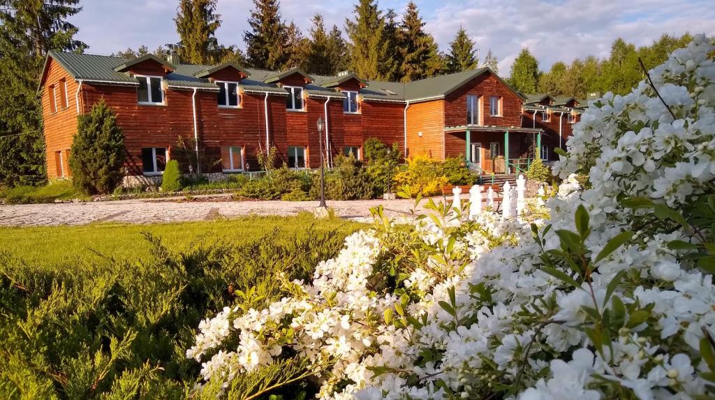 a house with white flowers in front of it at Agroturystyka AMiG in Krzywopłoty