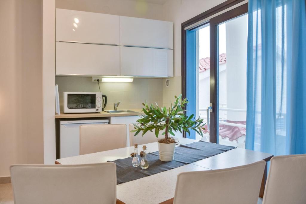 a kitchen and dining room with a table and chairs at Apartments Miki in Donja Klada