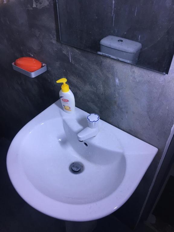 - un lavabo blanc avec une bouteille de savon dans l'établissement Joes resthouse, à Oddaimavadi