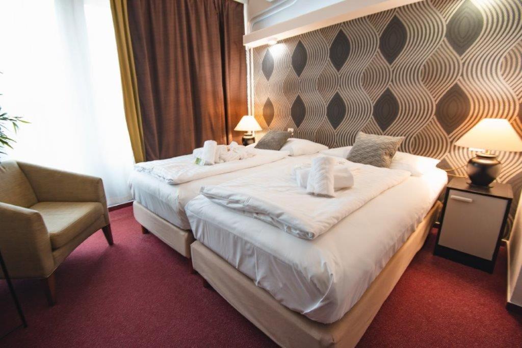 um quarto de hotel com duas camas e uma cadeira em Hotel Lucia em Veselí nad Luznicí