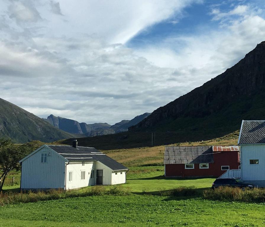 two buildings in a field with mountains in the background at Grandmothers cosy Farmhouse in Fredvang