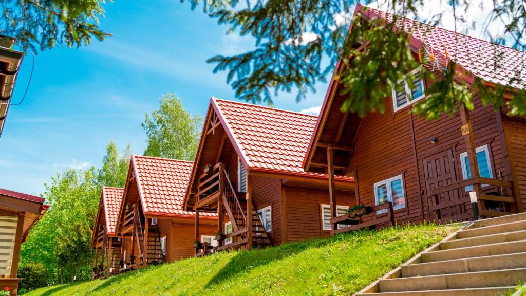 a house with a red roof on a green hill at Wilczy Wodospad in Karpacz