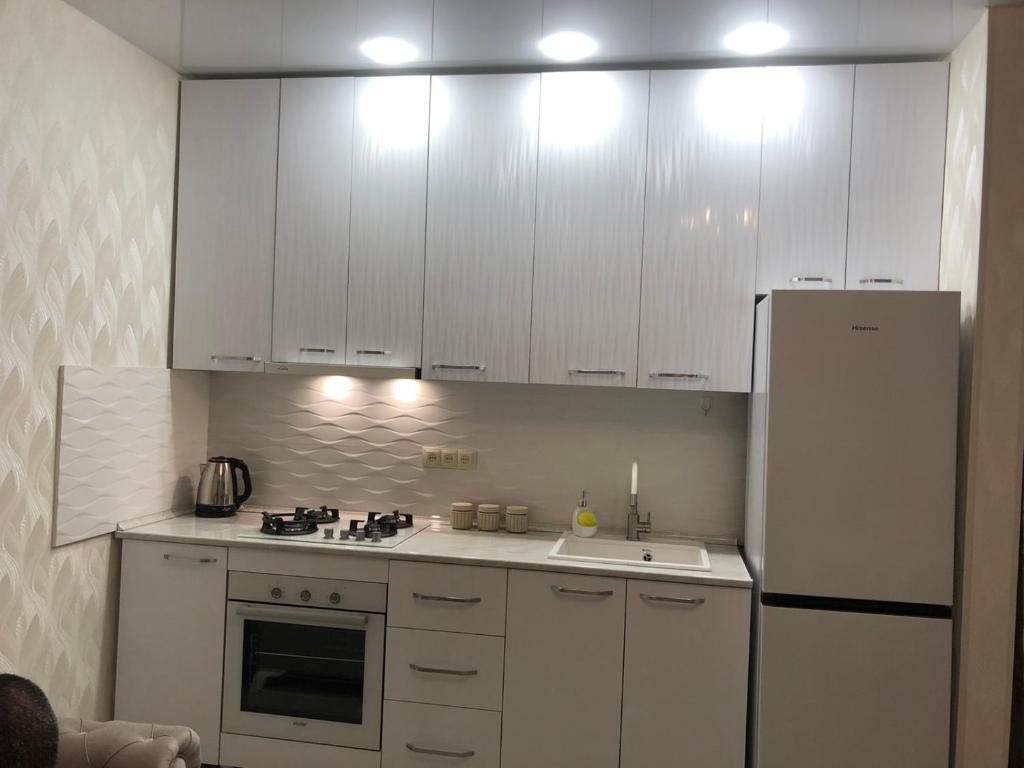 een keuken met witte kasten en een witte koelkast bij sharing apartment kutaisi in Koetaisi