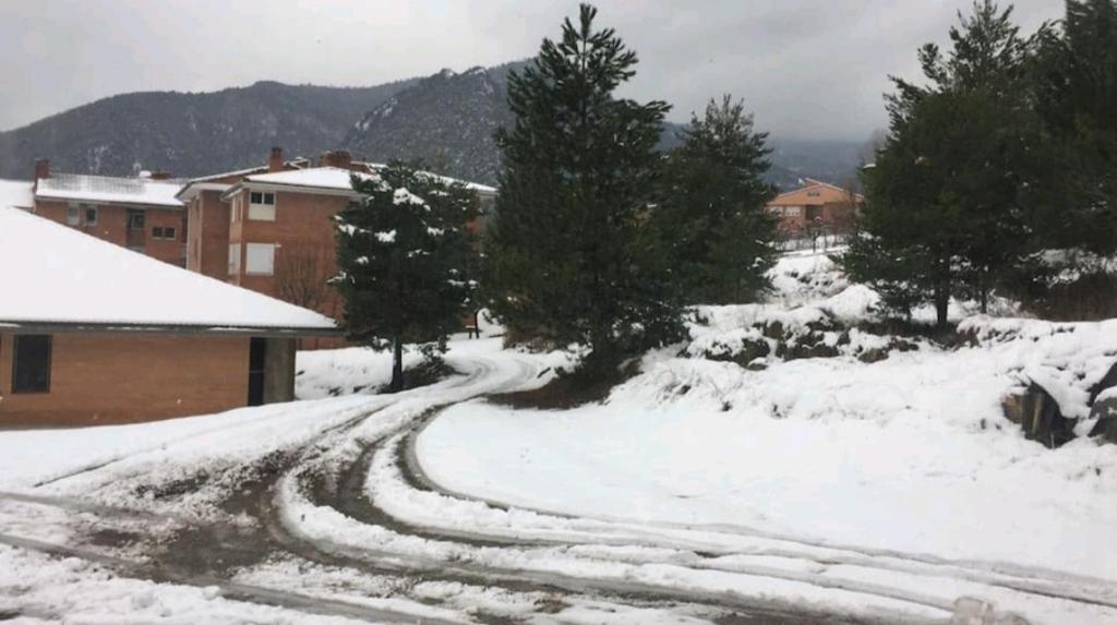 una carretera cubierta de nieve con árboles y edificios en Apartamento en el pirineo catalan, en Sant Jordi de Cercs