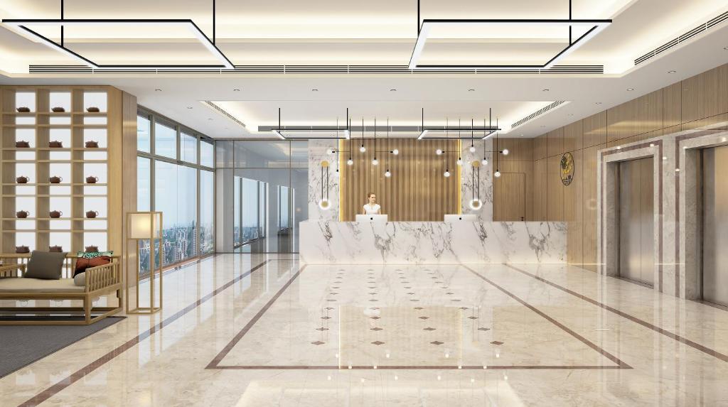a rendering of a hotel lobby with a reception desk at Season Inn Hotel_Al Hail in Seeb