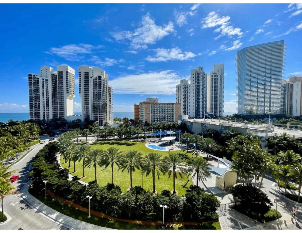 マイアミビーチにあるOcean Reserve Condominiumの高層建築物とヤシの木が茂る公園のある都市