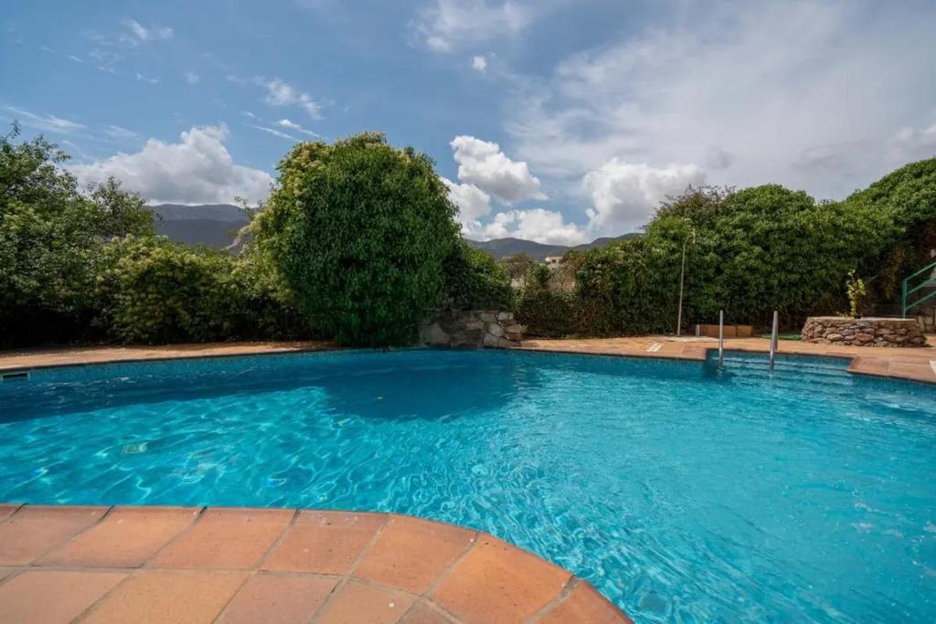 een groot blauw zwembad met bomen op de achtergrond bij Villa Fuente Victoria in Fuente Victoria