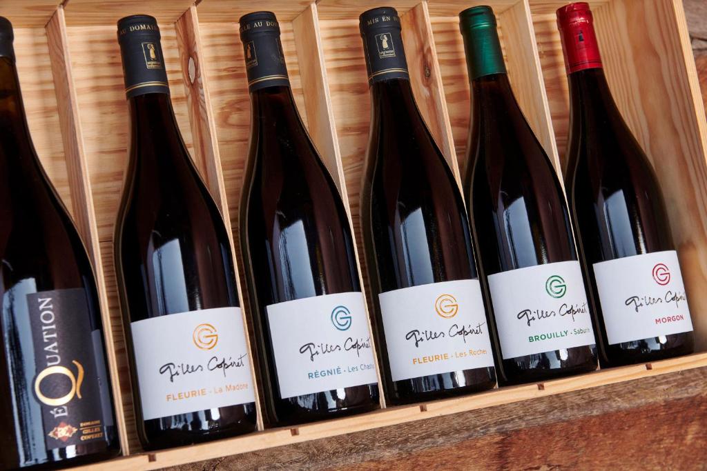 a row of wine bottles on a shelf at Domaine Gilles Copéret- Artisan-Vigneron- chambres d'hôtes Les Glycines - in Régnié