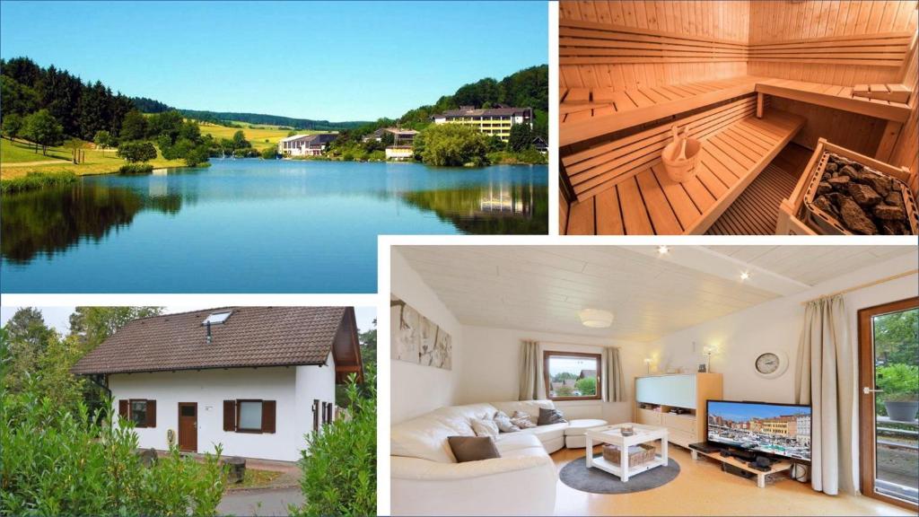 uma colagem de fotos de uma casa e um lago em Ferienhaus Anne mit Sauna, See, Wald und Ruhe em Kirchheim