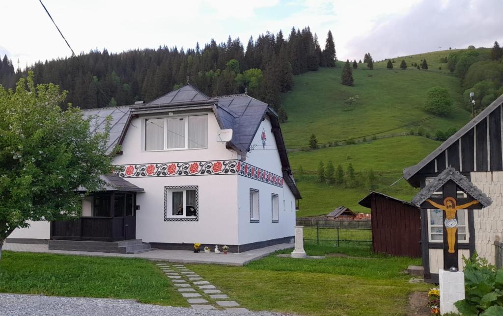 Ciocăneşti的住宿－Casa Dumitru si Elena Ciocanesti Bucovina，一座白色的房子,后面有一座小山