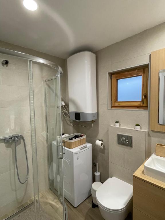 a bathroom with a shower and a toilet and a sink at Mokrogorski konaci in Mokra Gora