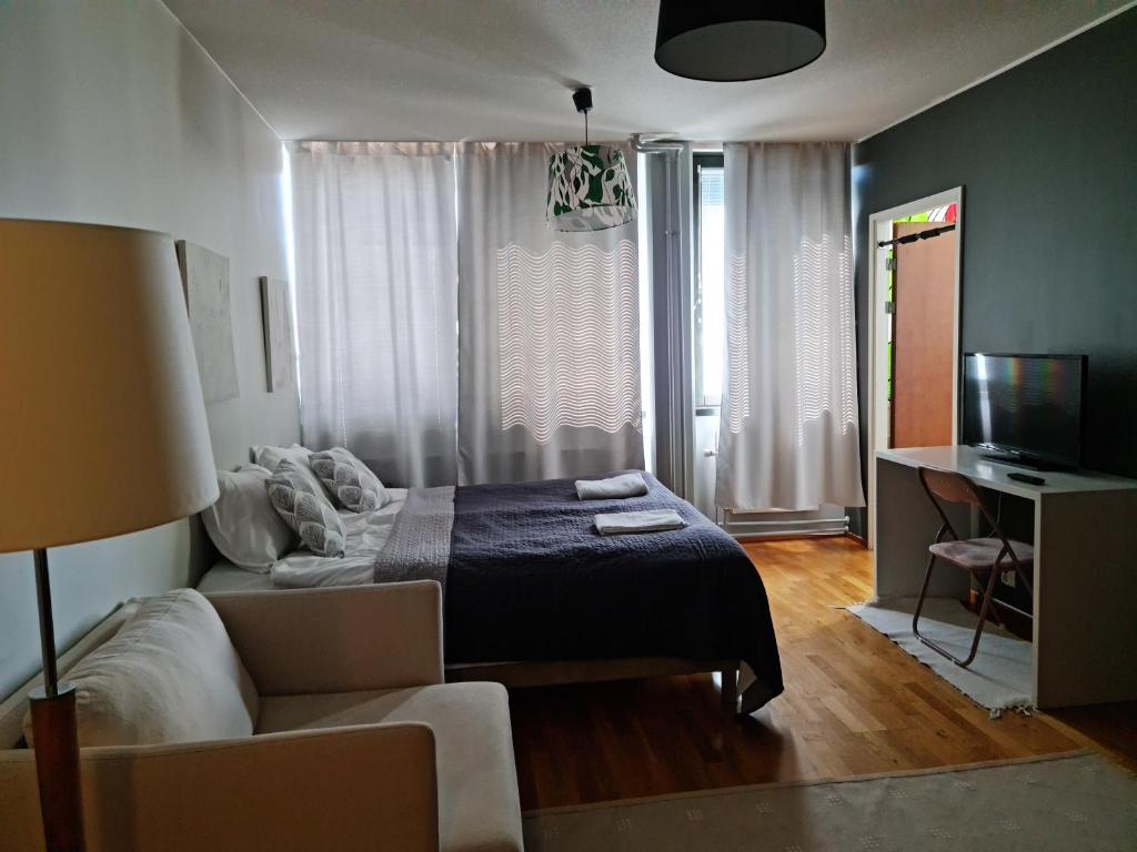 薩翁林納的住宿－Terrace Apartments at Kirkkokatu，一间卧室配有一张床、一张沙发和一台电视