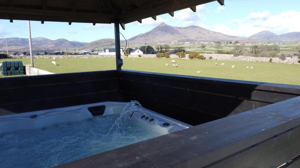 a jacuzzi tub with a view of a field at Quintenvale House in Kilkeel