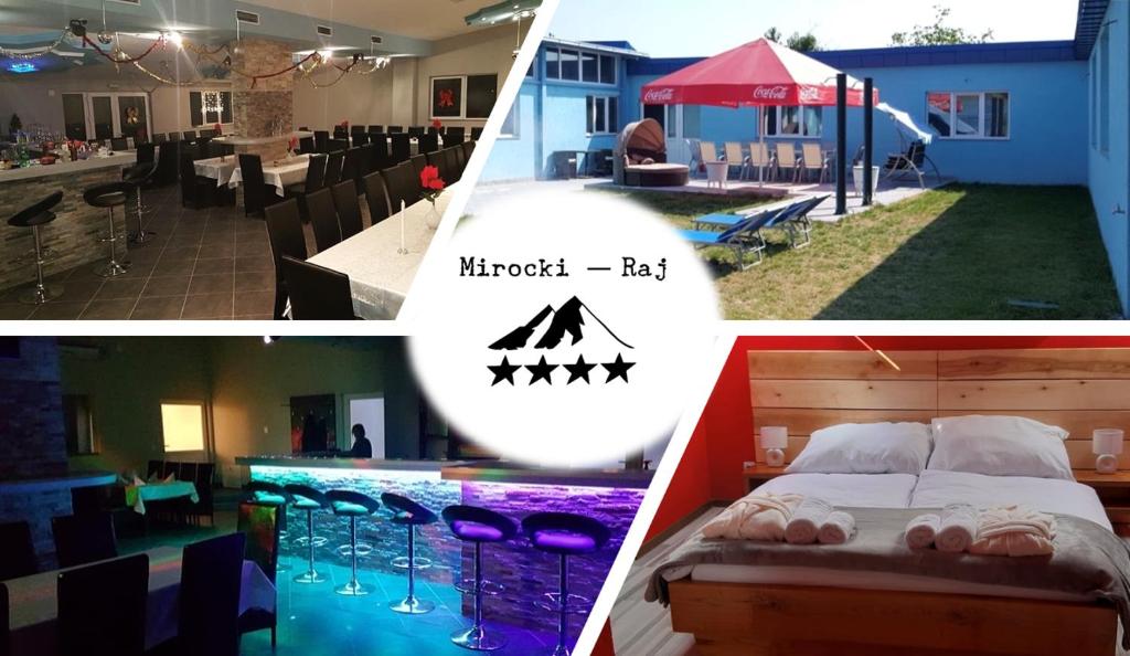 une chambre avec un lit, une piscine et une tente dans l'établissement Mirocki-Raj, à Miroč