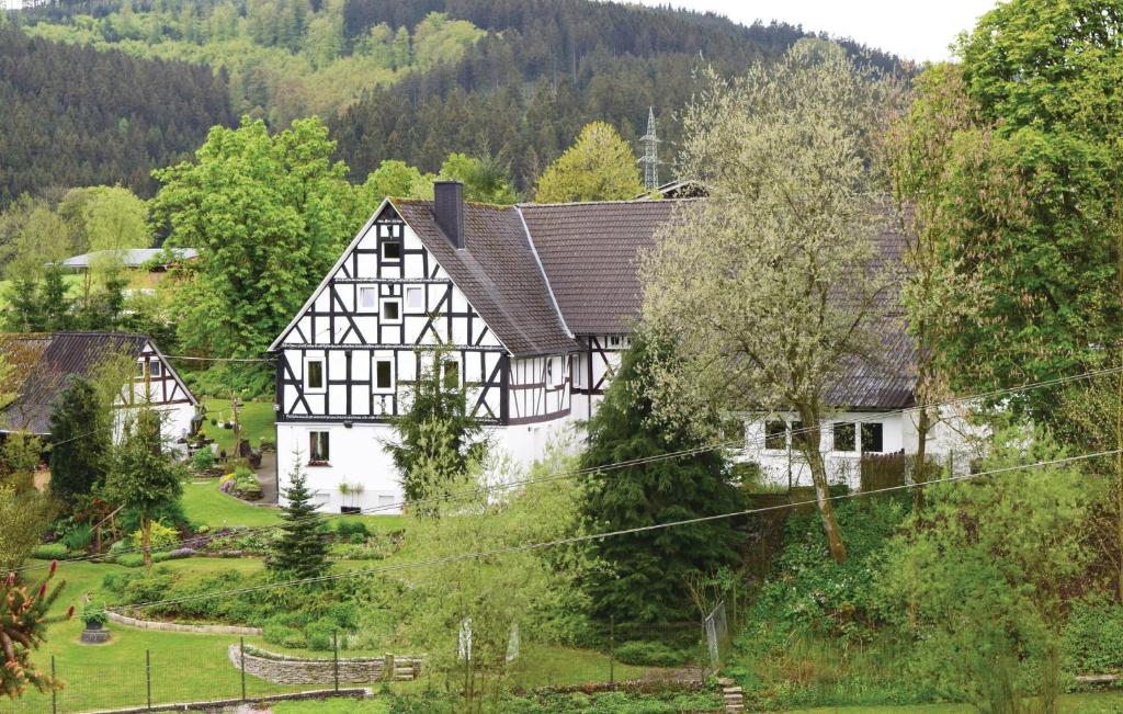 une maison noire et blanche au milieu d'une forêt dans l'établissement Amazing Apartment In Bad Berleburg-berghs, With 2 Bedrooms And Wifi, à Bad Berleburg