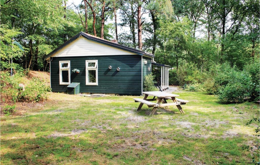 un pequeño cobertizo con una mesa de picnic delante en Roodborstje, en Beerze