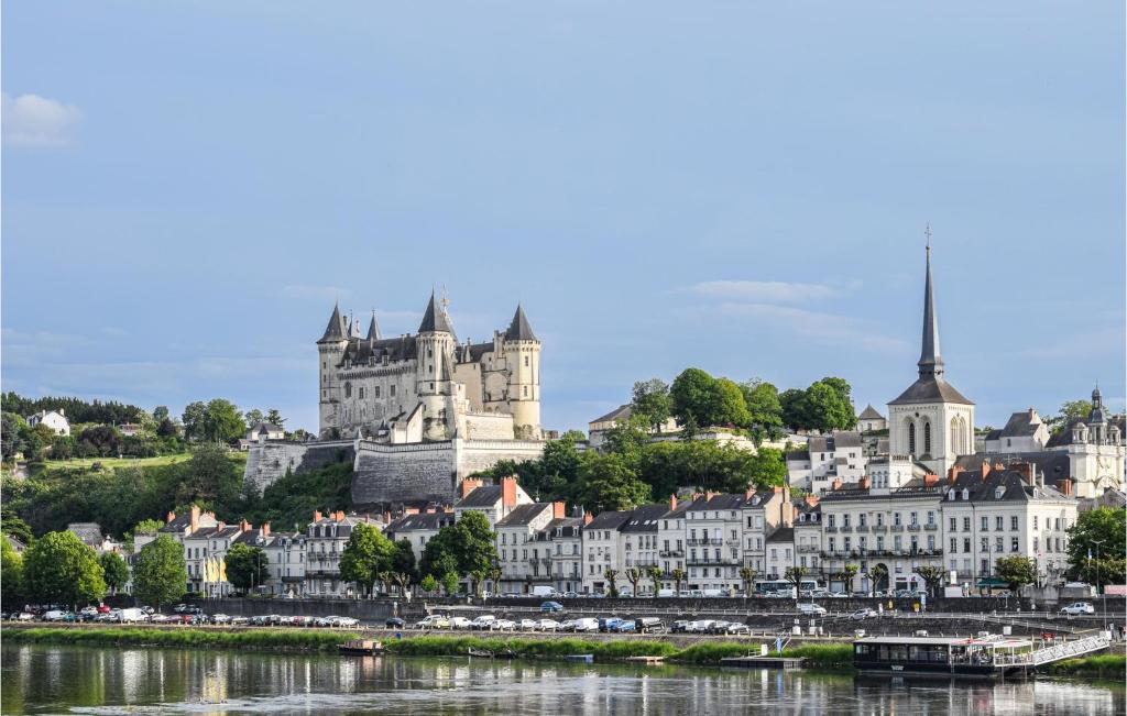 ein Schloss auf einem Hügel neben einem Wasserkörper in der Unterkunft Gorgeous Apartment In Saumur With Kitchen in Saumur