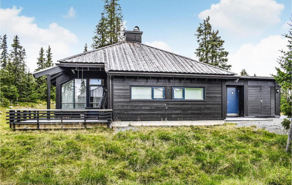 een houten huis met een dak op een veld bij Cozy Home In Sjusjen With Kitchen in Sjusjøen