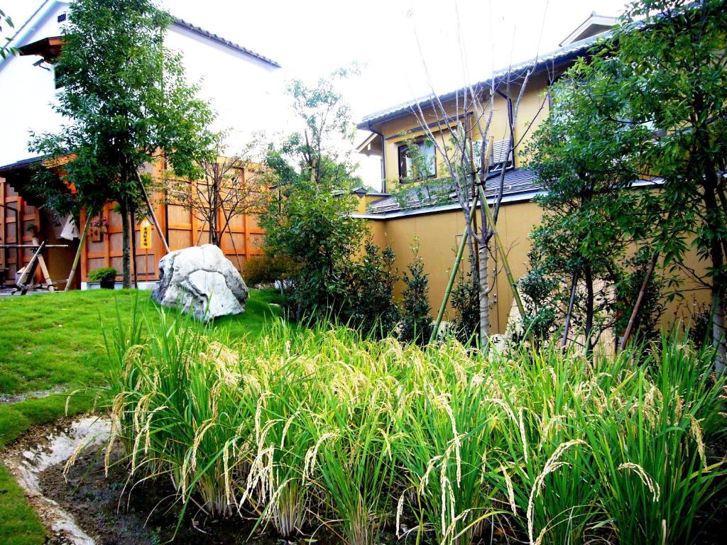 a garden with tall grass in front of a house at Suihoen in Gero