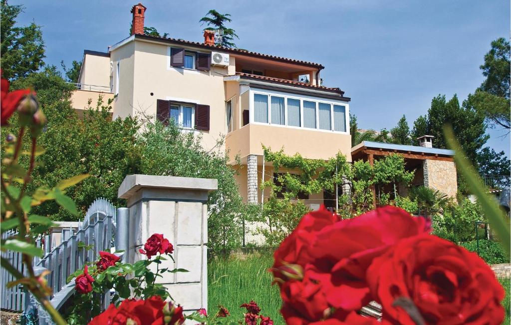 a house on a hill with red flowers in the foreground at Nice Apartment In Pula With Kitchen in Pula