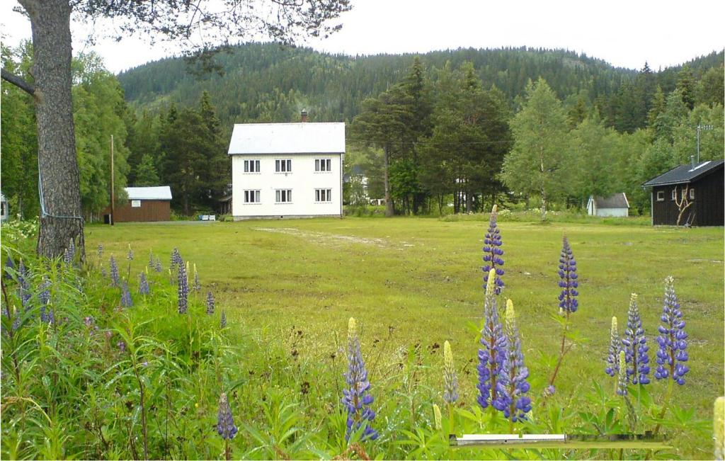 una casa blanca en un campo con flores púrpuras en 6 Bedroom Amazing Home In Hydalsmo, en Ofte