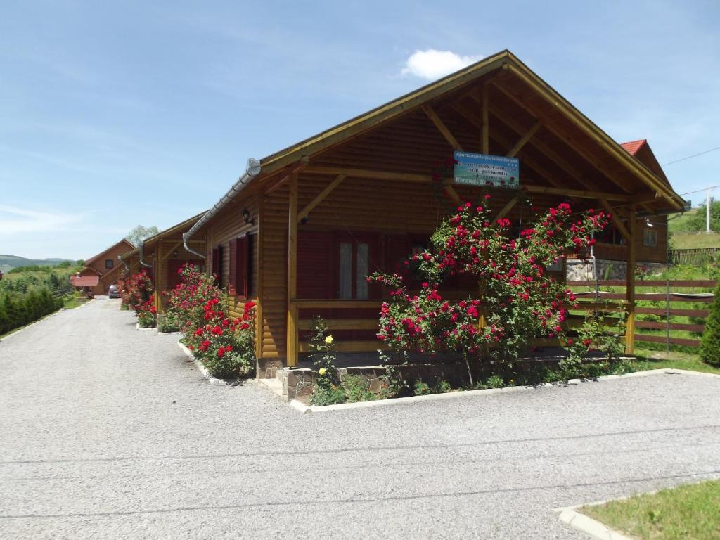 a log cabin with flowers in front of it at Korondi Kulcsosházak in Corund
