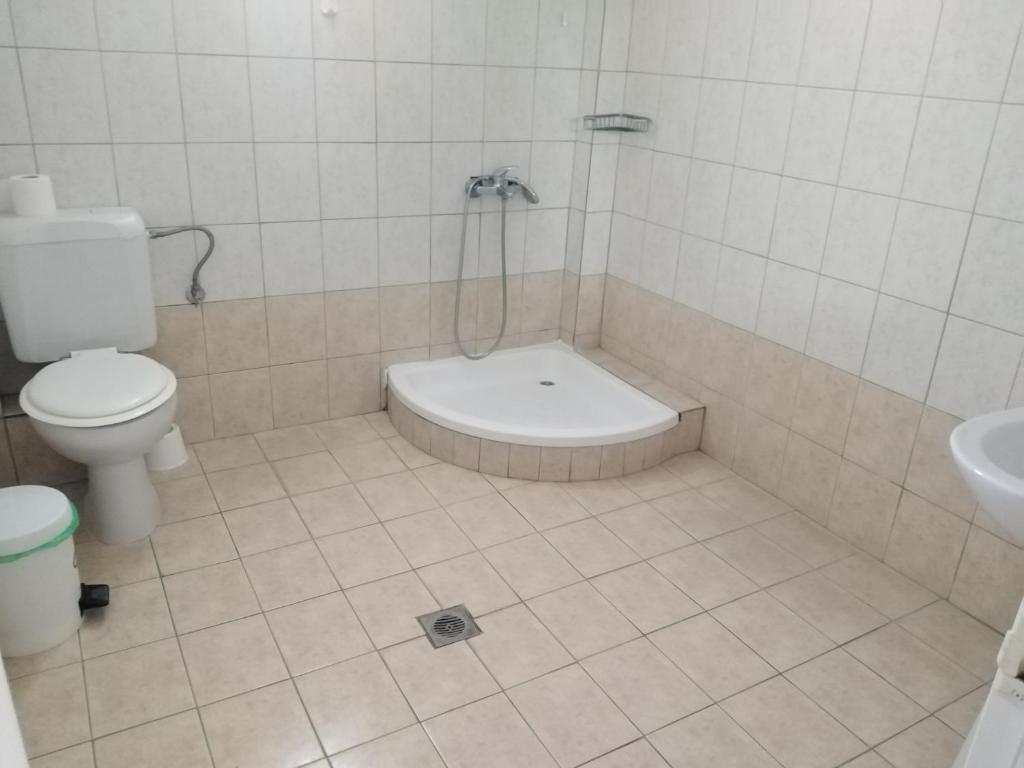 łazienka z prysznicem, toaletą i umywalką w obiekcie Estia Studios w mieście Kriopigi