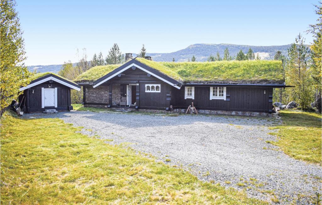 ein Haus mit einem Grasdach mit einer Kieseinfahrt in der Unterkunft Cozy Home In Hemsedal With Kitchen in Hemsedal