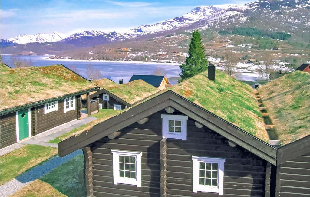 une maison avec de l'herbe sur son toit et des montagnes en arrière-plan dans l'établissement Beautiful Home In Straumgjerde With 2 Bedrooms, à Ramstad