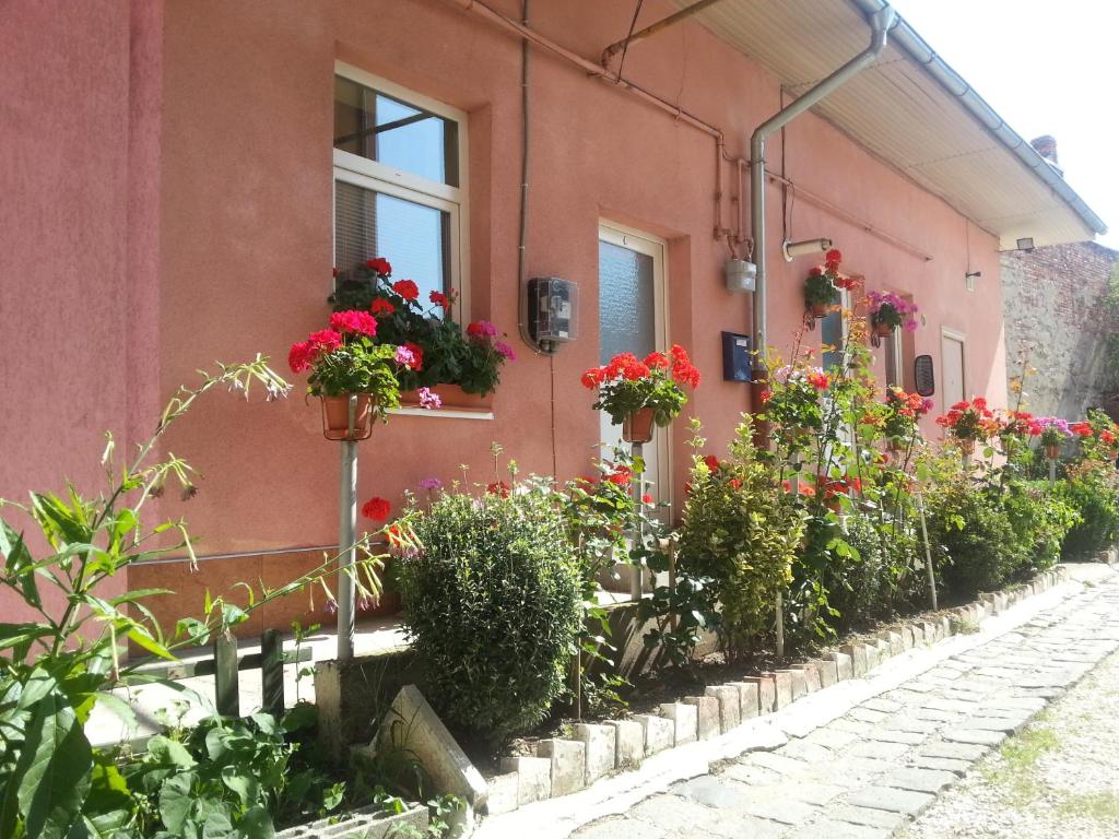 un edificio con flores a un lado. en Center Park Apartment en Cluj-Napoca