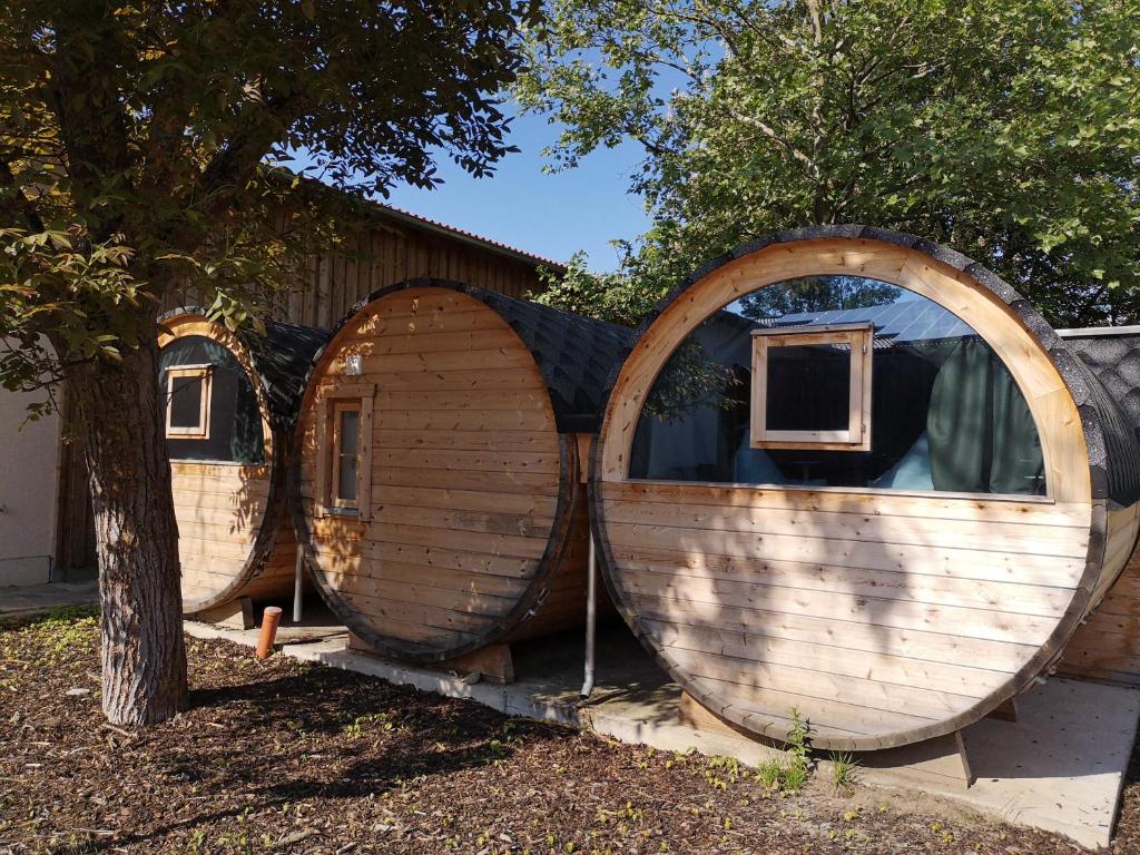 un grupo de tres casas circulares sentadas junto a un árbol en Übernachten im Weinfass en Volkach