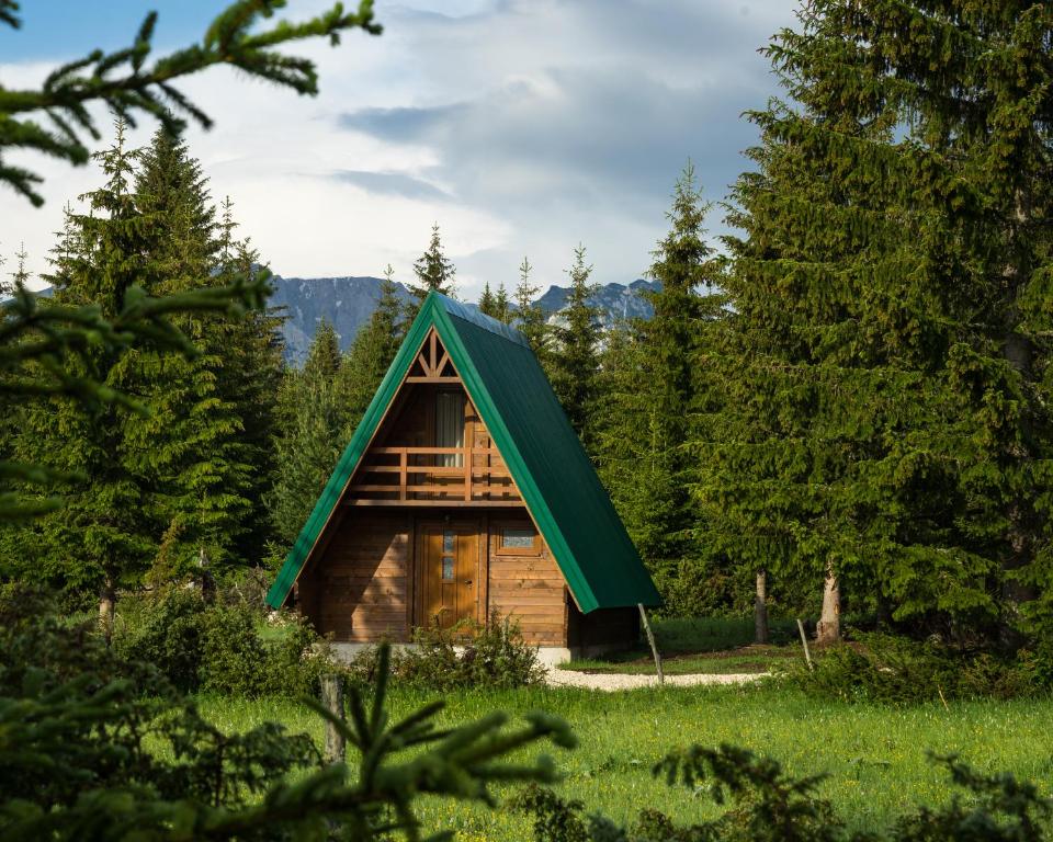 uma cabana na floresta com um telhado verde em Mountain Houses Emilija em Žabljak