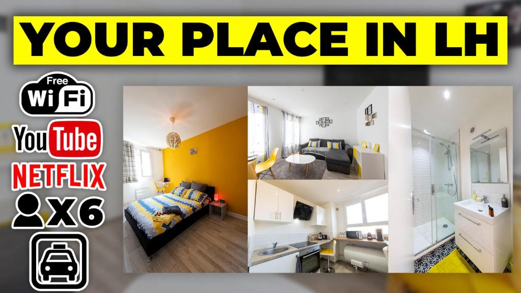 een collage van foto's van een slaapkamer en een woonkamer bij Your Place in LH in Le Havre