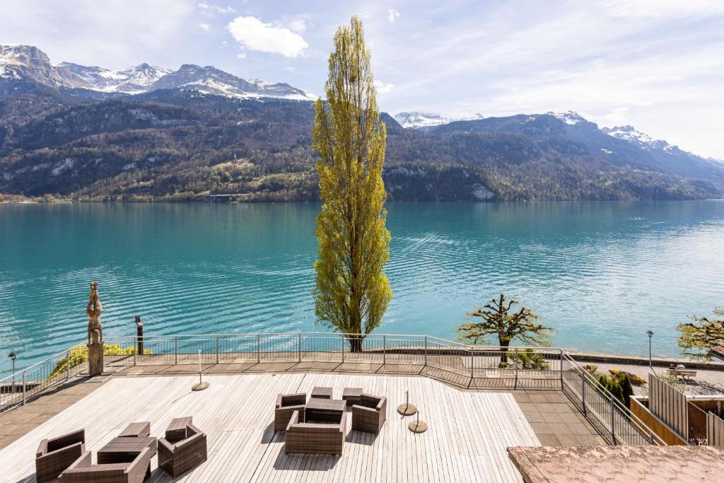 a view of a lake with mountains in the background at Seehotel Sternen in Brienz
