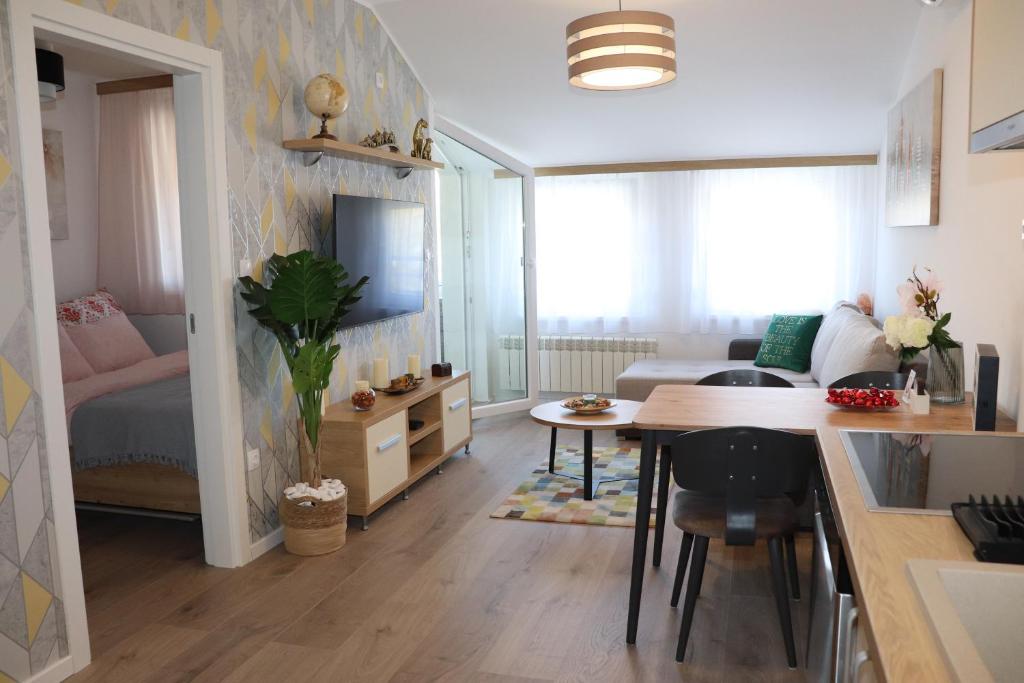 een klein appartement met een keuken en een woonkamer bij Apartman Mila 21 in Zvezdara