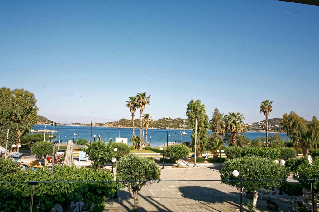 a view of a park with palm trees and a body of water at Seaview-Apartments in Palaia Fokaia